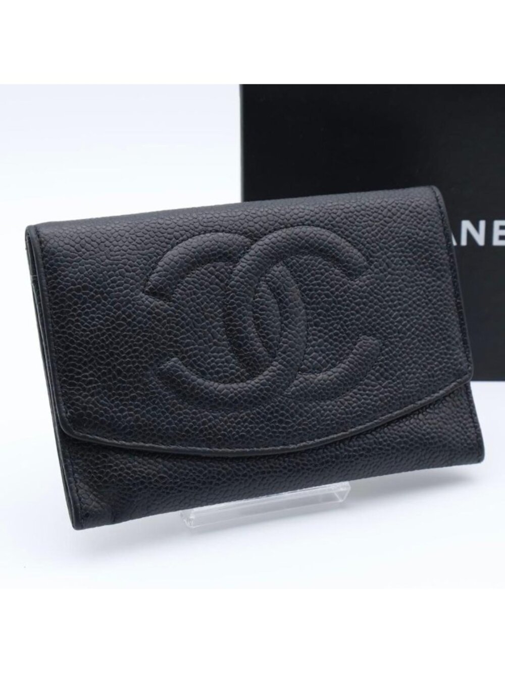 Chanel Jumbo CC Logo Bifold Wallet Caviar Leather Black